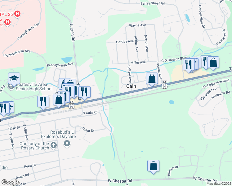 map of restaurants, bars, coffee shops, grocery stores, and more near 215 Slitting Mill Drive in Coatesville