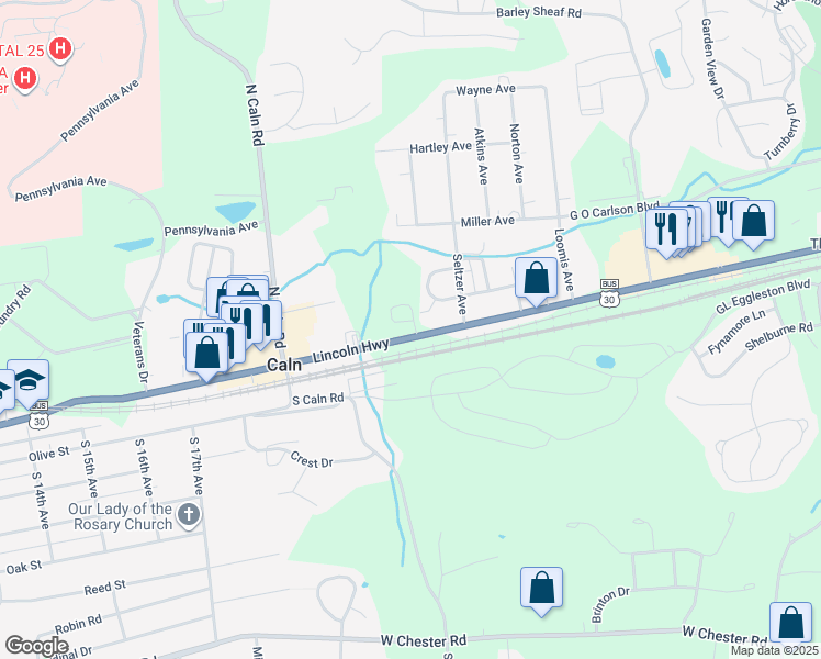 map of restaurants, bars, coffee shops, grocery stores, and more near 215 Slitting Mill Drive in Coatesville