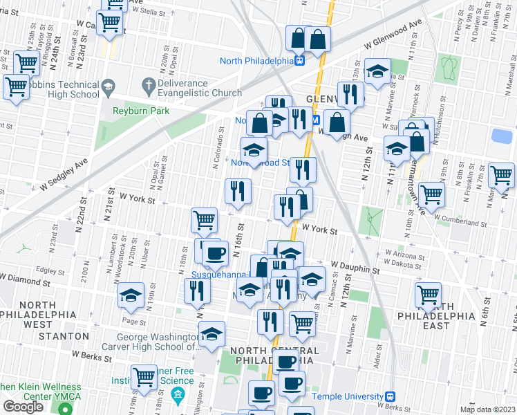 map of restaurants, bars, coffee shops, grocery stores, and more near 1523 West Boston Street in Philadelphia
