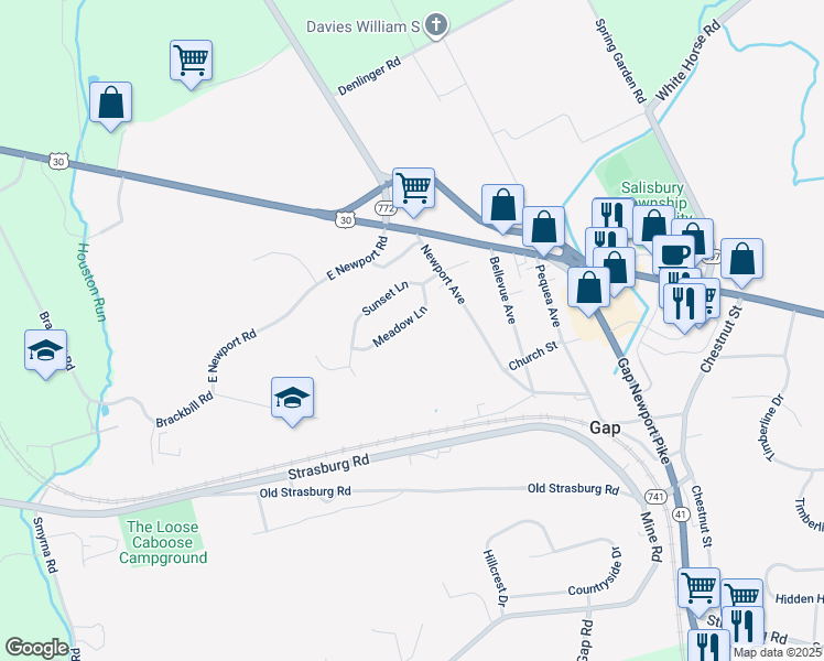 map of restaurants, bars, coffee shops, grocery stores, and more near 5248 Meadow Lane in Gap