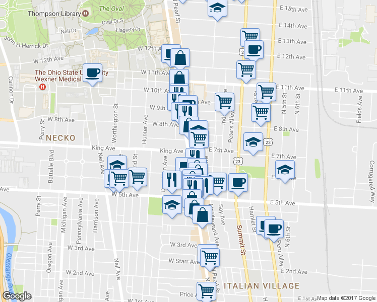 map of restaurants, bars, coffee shops, grocery stores, and more near 2 East 7th Avenue in Columbus
