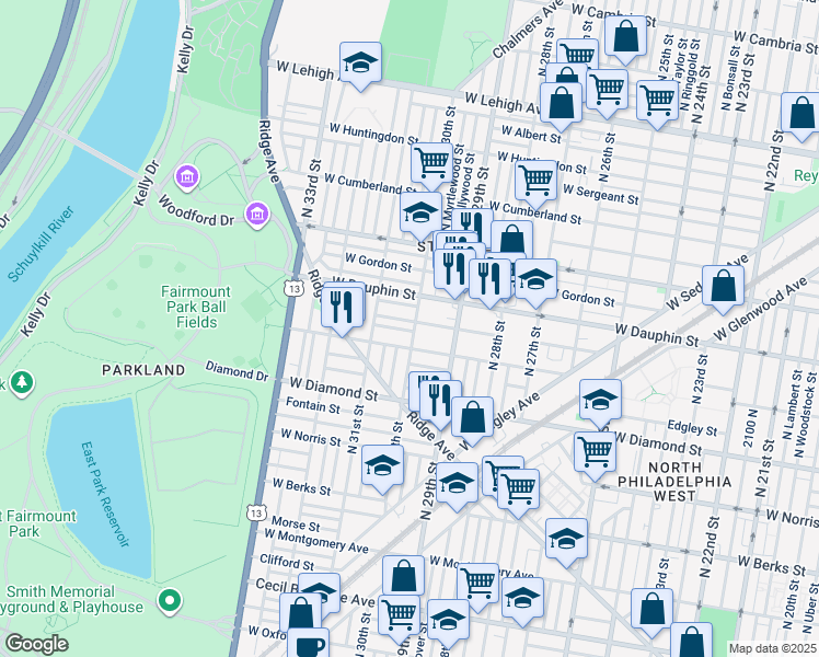 map of restaurants, bars, coffee shops, grocery stores, and more near 2218 North 30th Street in Philadelphia