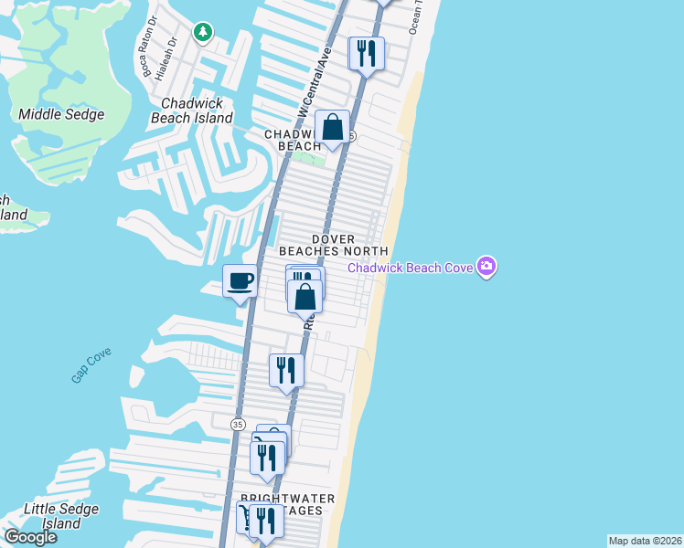 map of restaurants, bars, coffee shops, grocery stores, and more near 34 East Penguin Way in Lavallette