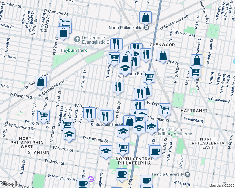 map of restaurants, bars, coffee shops, grocery stores, and more near 2407 North Bancroft Street in Philadelphia