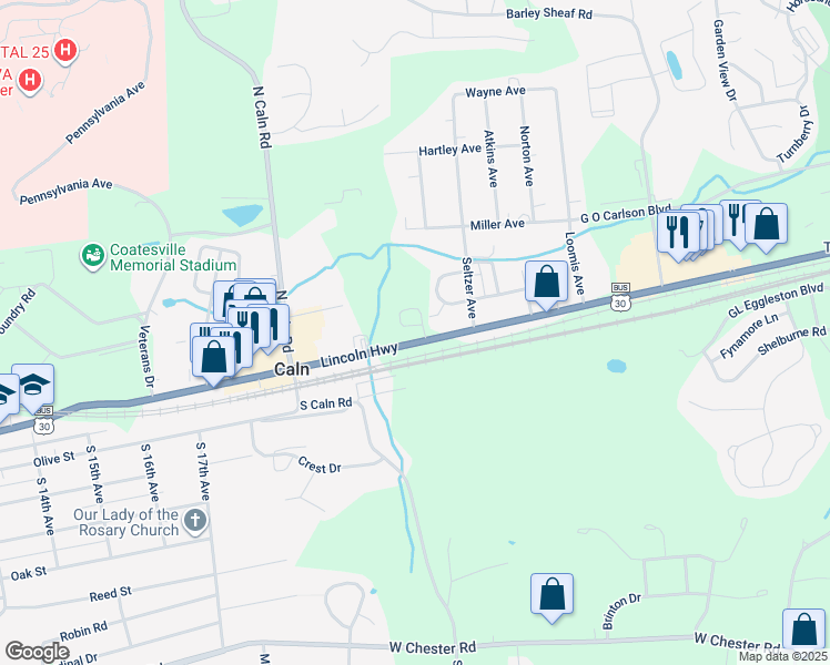 map of restaurants, bars, coffee shops, grocery stores, and more near 215 Slitting Mill Drive in Coatesville