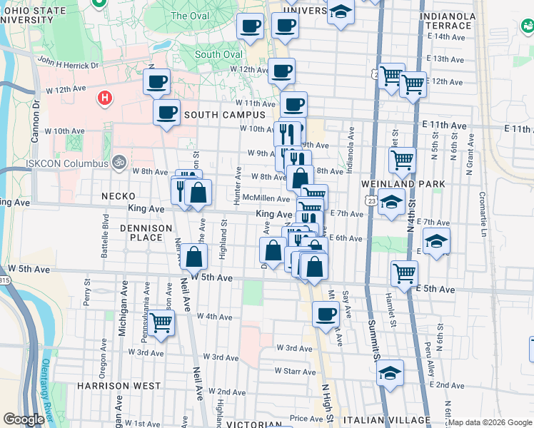 map of restaurants, bars, coffee shops, grocery stores, and more near King Avenue & Dennison Avenue in Columbus