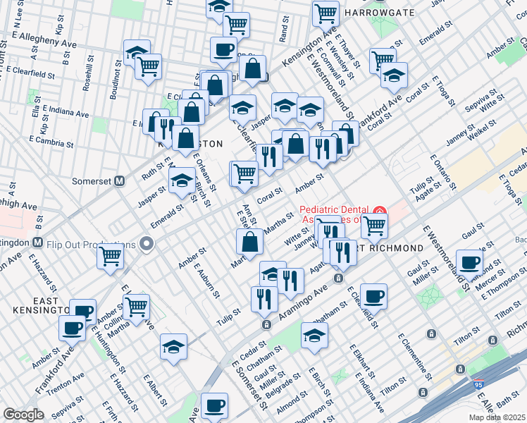 map of restaurants, bars, coffee shops, grocery stores, and more near 3021 Amber Street in Philadelphia