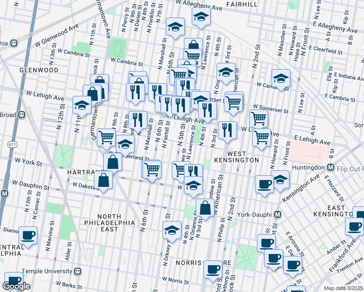 map of restaurants, bars, coffee shops, grocery stores, and more near 2553 North 5th Street in Philadelphia