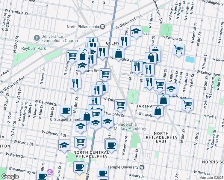 map of restaurants, bars, coffee shops, grocery stores, and more near 2449 North Park Avenue in Philadelphia