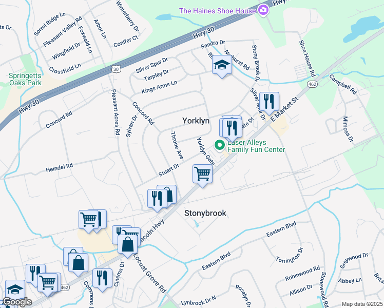 map of restaurants, bars, coffee shops, grocery stores, and more near 3835 Stuart Drive in York