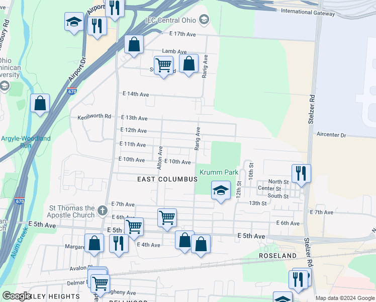 map of restaurants, bars, coffee shops, grocery stores, and more near 3015 East 11th Avenue in Columbus