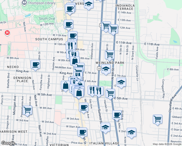 map of restaurants, bars, coffee shops, grocery stores, and more near Indianola Ave & E 7th Ave in Columbus