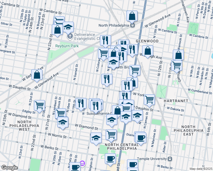 map of restaurants, bars, coffee shops, grocery stores, and more near 2407 North Bancroft Street in Philadelphia