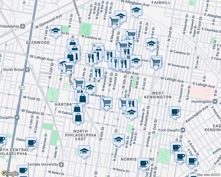 map of restaurants, bars, coffee shops, grocery stores, and more near 2539 North 6th Street in Philadelphia