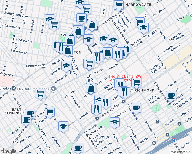 map of restaurants, bars, coffee shops, grocery stores, and more near 3021 Amber Street in Philadelphia