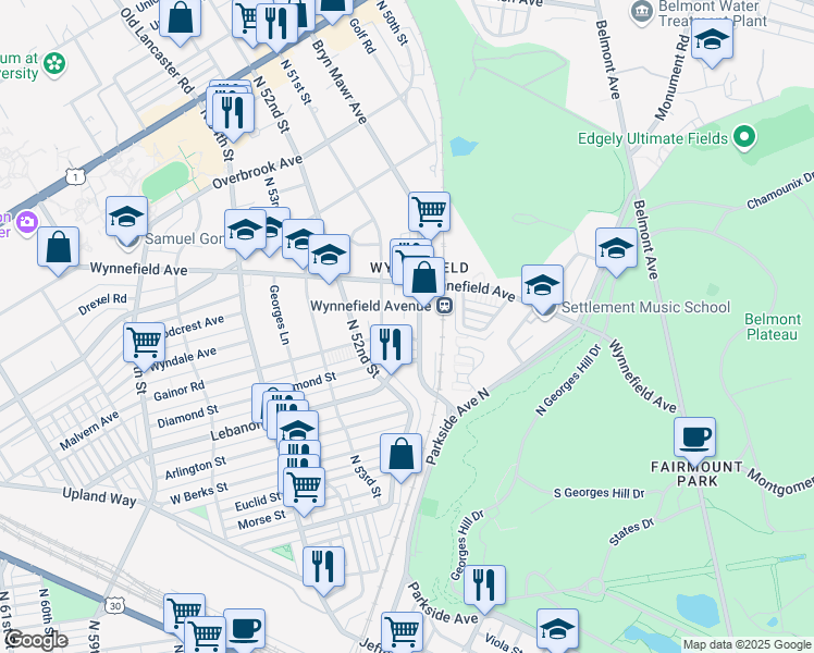 map of restaurants, bars, coffee shops, grocery stores, and more near 2200 Bryn Mawr Avenue in Philadelphia