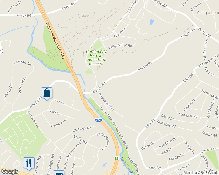 map of restaurants, bars, coffee shops, grocery stores, and more near 221 Marple Road in Haverford