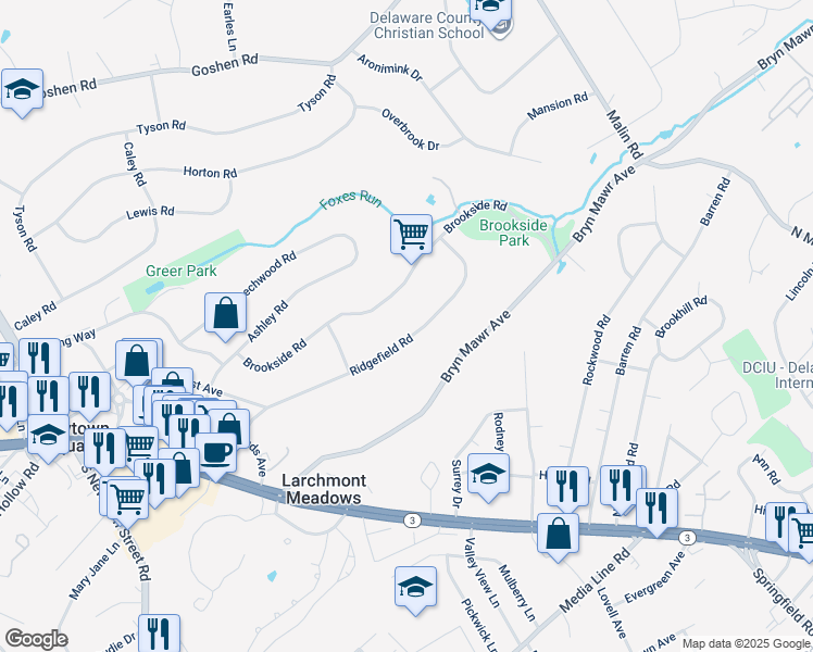 map of restaurants, bars, coffee shops, grocery stores, and more near 142 Ridgefield Road in Newtown Square