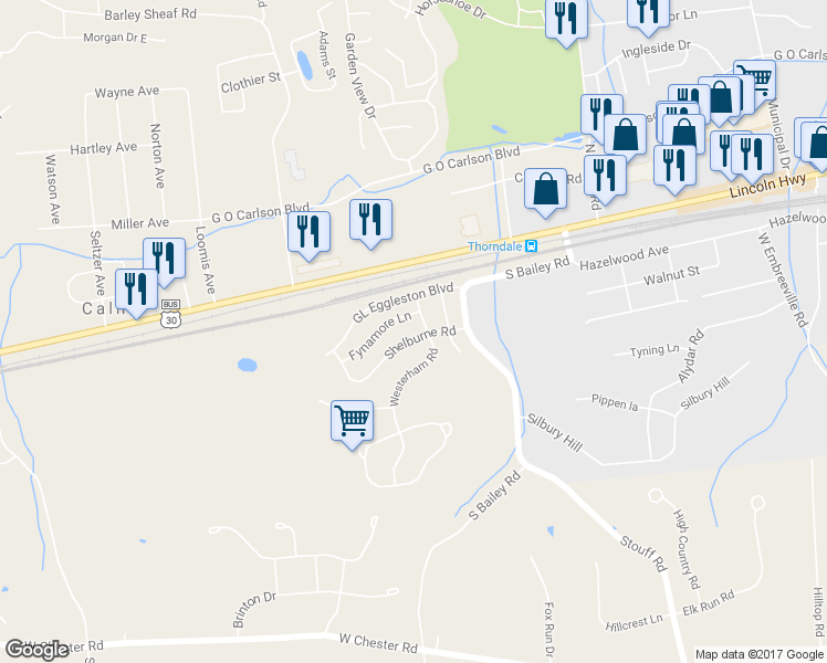 map of restaurants, bars, coffee shops, grocery stores, and more near 2709 Shelburne Road in Downingtown