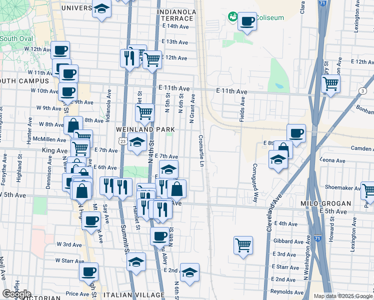 map of restaurants, bars, coffee shops, grocery stores, and more near 1295 North Grant Avenue in Columbus