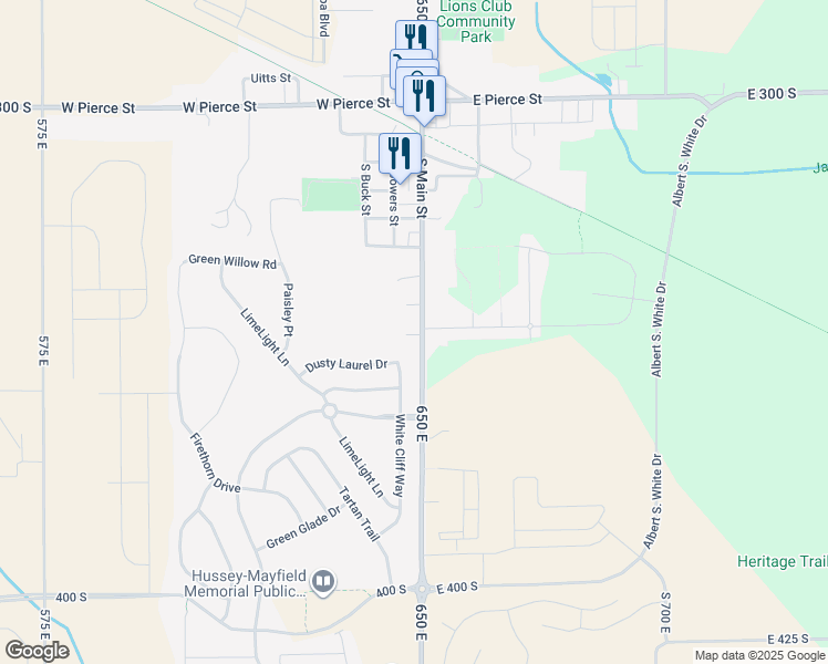 map of restaurants, bars, coffee shops, grocery stores, and more near 802 South 650 East in Whitestown