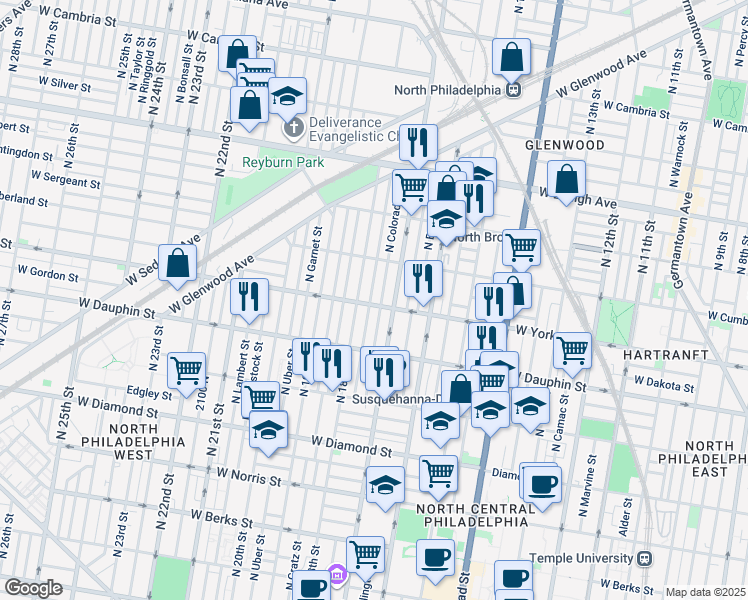 map of restaurants, bars, coffee shops, grocery stores, and more near 2403 North Bouvier Street in Philadelphia