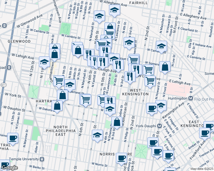 map of restaurants, bars, coffee shops, grocery stores, and more near 426 West Huntingdon Street in Philadelphia