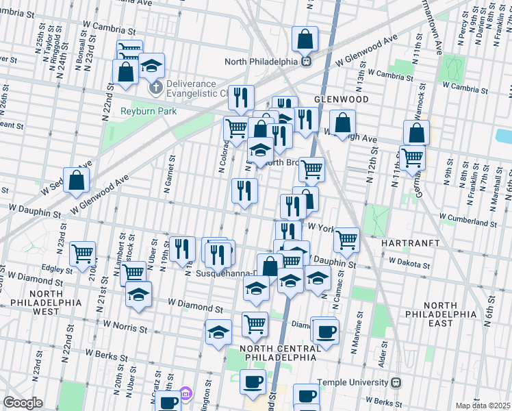map of restaurants, bars, coffee shops, grocery stores, and more near 2420 North Mole Street in Philadelphia