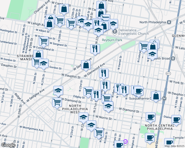 map of restaurants, bars, coffee shops, grocery stores, and more near 2331 North 22nd Street in Philadelphia