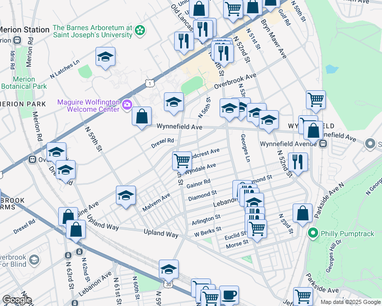map of restaurants, bars, coffee shops, grocery stores, and more near 5617 Woodcrest Avenue in Philadelphia