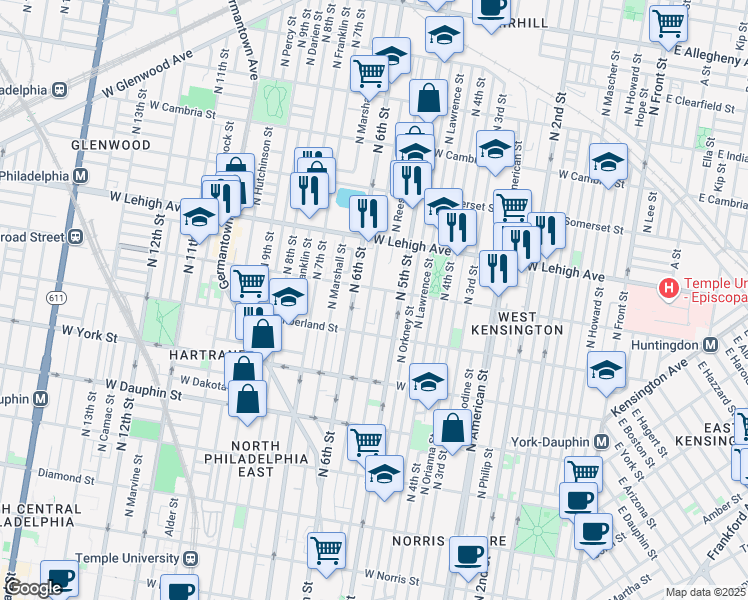 map of restaurants, bars, coffee shops, grocery stores, and more near 2559 North Fairhill Street in Philadelphia