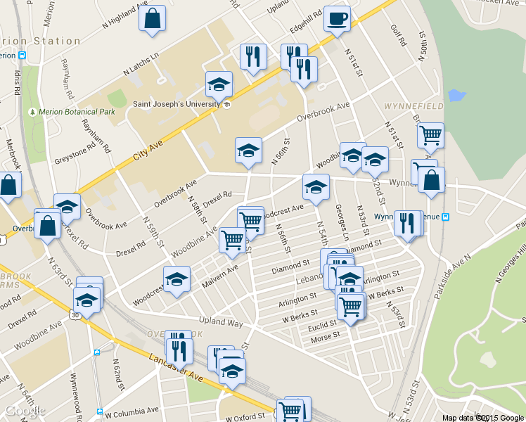 map of restaurants, bars, coffee shops, grocery stores, and more near 5617 Woodcrest Avenue in Philadelphia