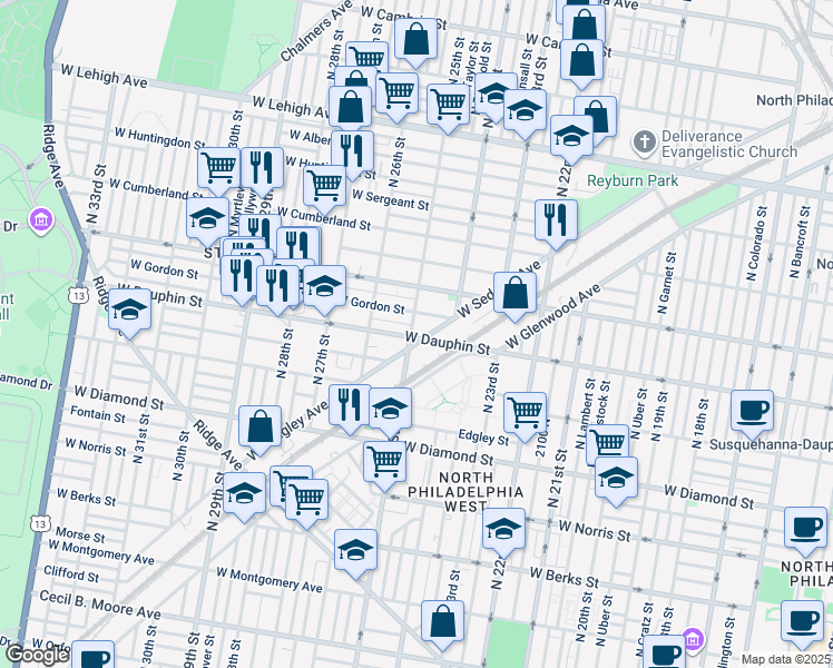 map of restaurants, bars, coffee shops, grocery stores, and more near 2303 North 25th Street in Philadelphia