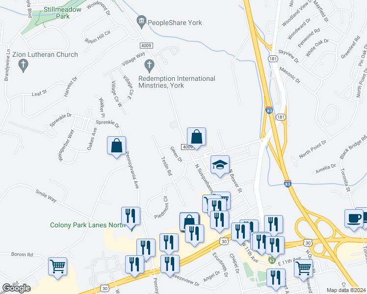 map of restaurants, bars, coffee shops, grocery stores, and more near 2150 Susquehanna Trail in York