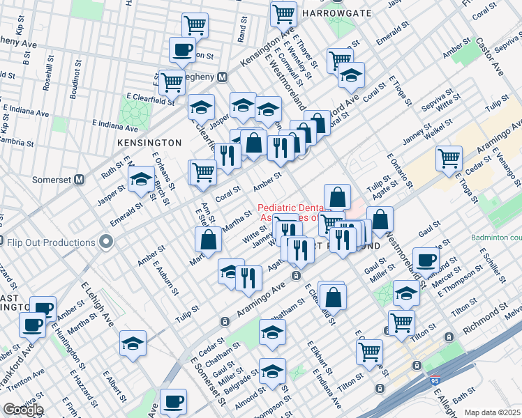 map of restaurants, bars, coffee shops, grocery stores, and more near 2141 East Clearfield Street in Philadelphia