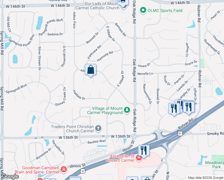 map of restaurants, bars, coffee shops, grocery stores, and more near 604 East Village Drive in Carmel