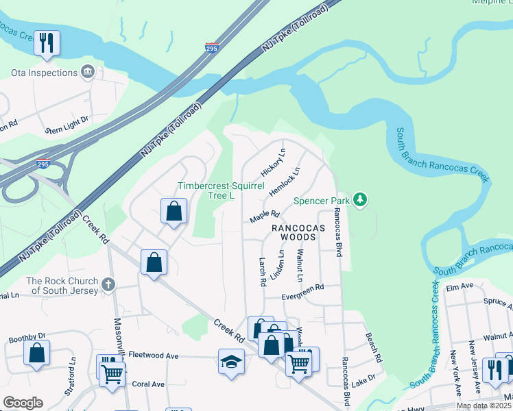 map of restaurants, bars, coffee shops, grocery stores, and more near 407 Timberline Drive in Mount Laurel Township