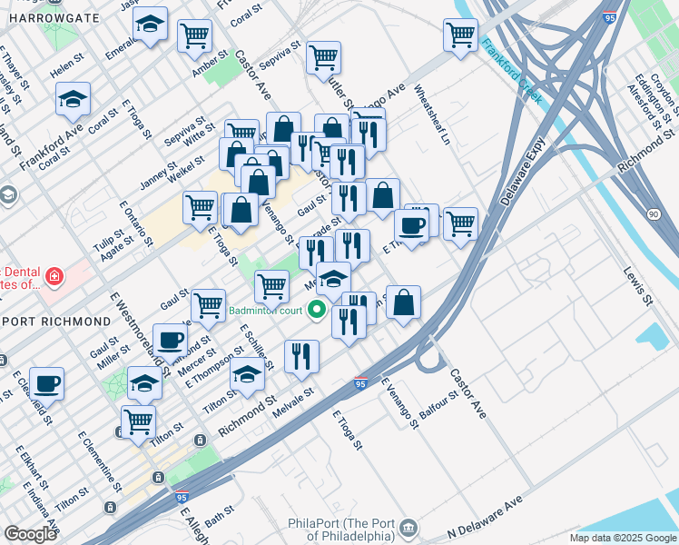 map of restaurants, bars, coffee shops, grocery stores, and more near 3628 East Thompson Street in Philadelphia