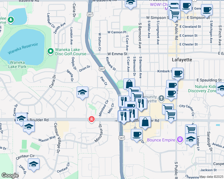 map of restaurants, bars, coffee shops, grocery stores, and more near 928 Milo Circle in Lafayette