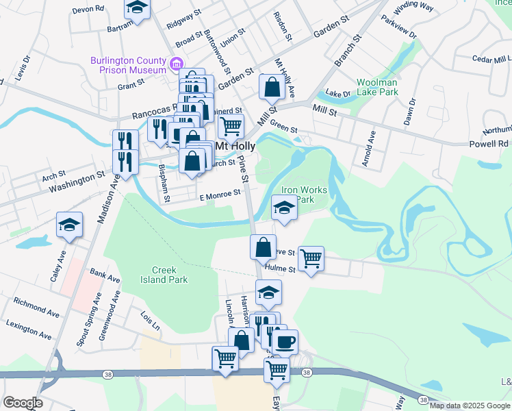 map of restaurants, bars, coffee shops, grocery stores, and more near 79 Pine Street in Mount Holly
