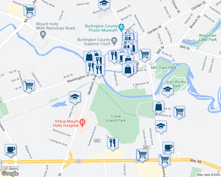 map of restaurants, bars, coffee shops, grocery stores, and more near 72 Washington Street in Mount Holly