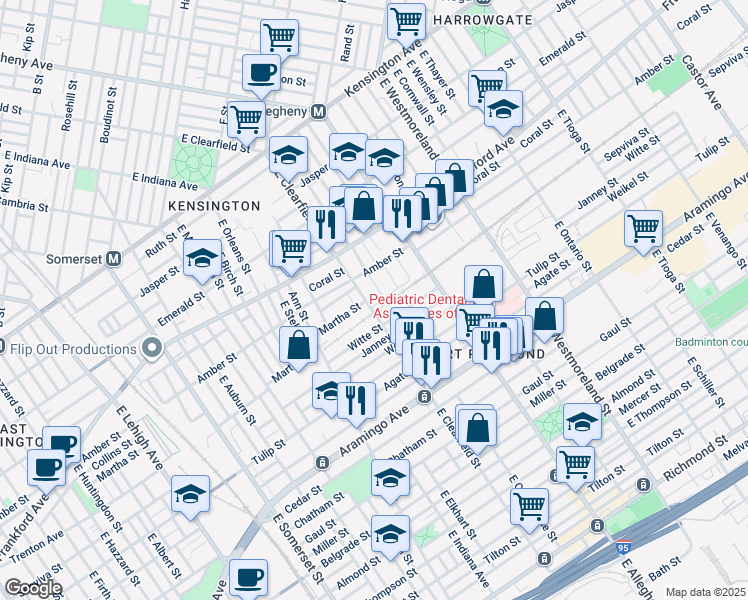 map of restaurants, bars, coffee shops, grocery stores, and more near 2141 East Clearfield Street in Philadelphia