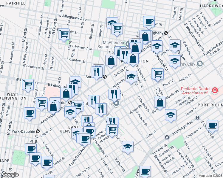 map of restaurants, bars, coffee shops, grocery stores, and more near 1910 East Somerset Street in Philadelphia