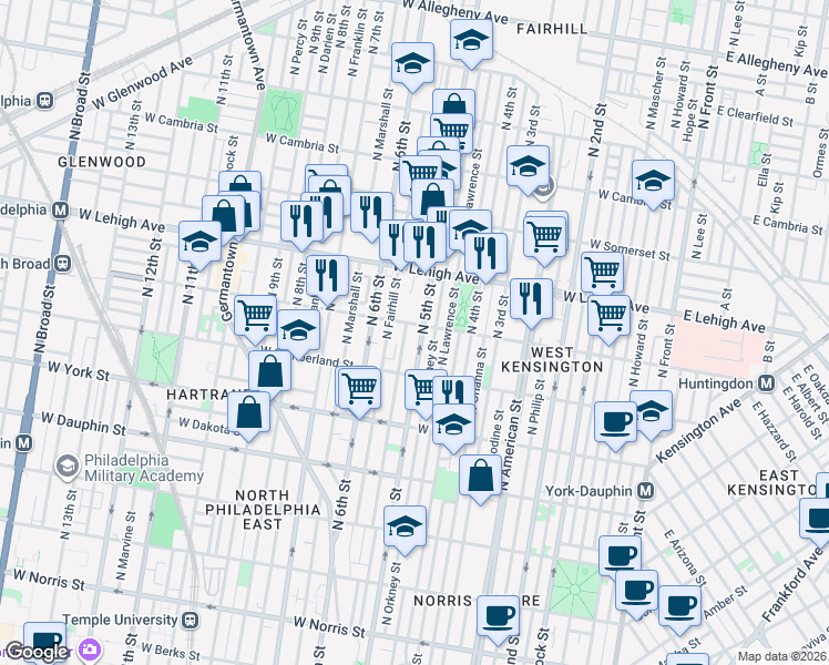 map of restaurants, bars, coffee shops, grocery stores, and more near 2536 North 5th Street in Philadelphia