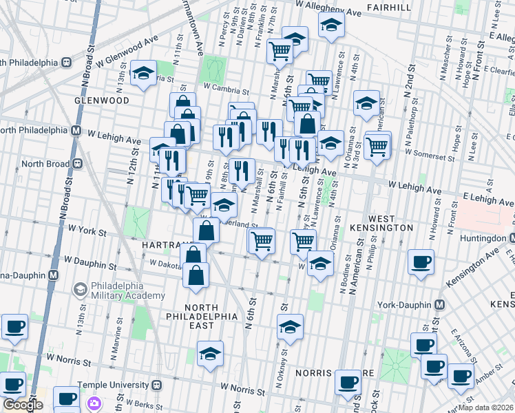map of restaurants, bars, coffee shops, grocery stores, and more near 2517 North 7th Street in Philadelphia
