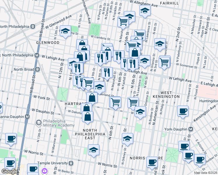 map of restaurants, bars, coffee shops, grocery stores, and more near 2517 North 7th Street in Philadelphia