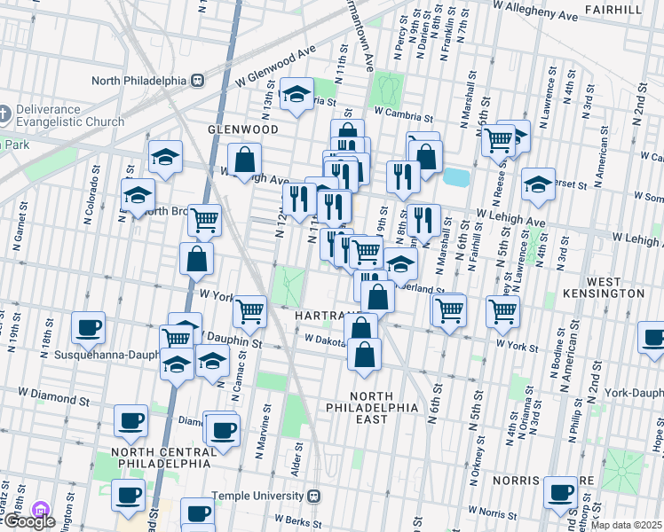 map of restaurants, bars, coffee shops, grocery stores, and more near 2501 North Alder Street in Philadelphia