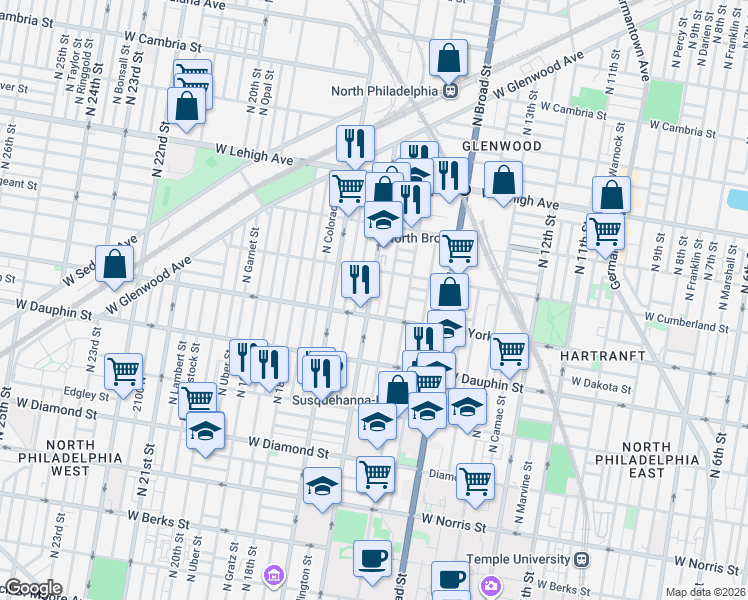 map of restaurants, bars, coffee shops, grocery stores, and more near 2404 North 16th Street in Philadelphia