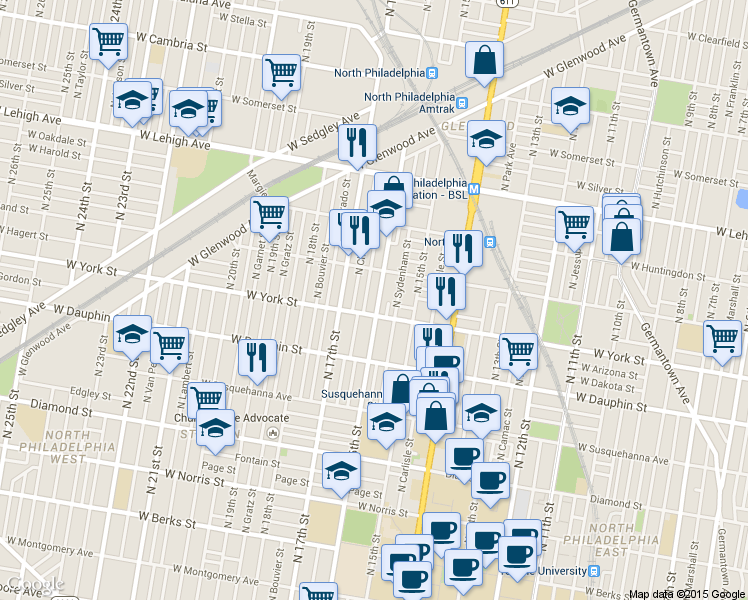 map of restaurants, bars, coffee shops, grocery stores, and more near 2404 North 16th Street in Philadelphia