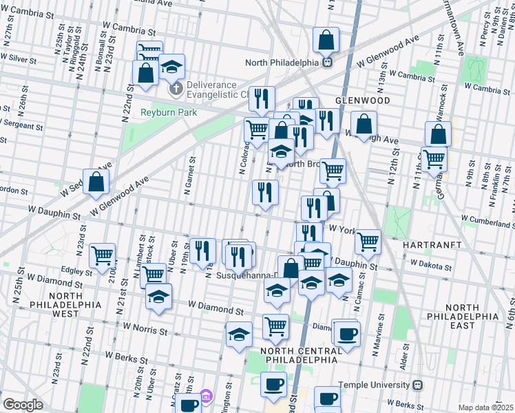 map of restaurants, bars, coffee shops, grocery stores, and more near 2417 North Chadwick Street in Philadelphia